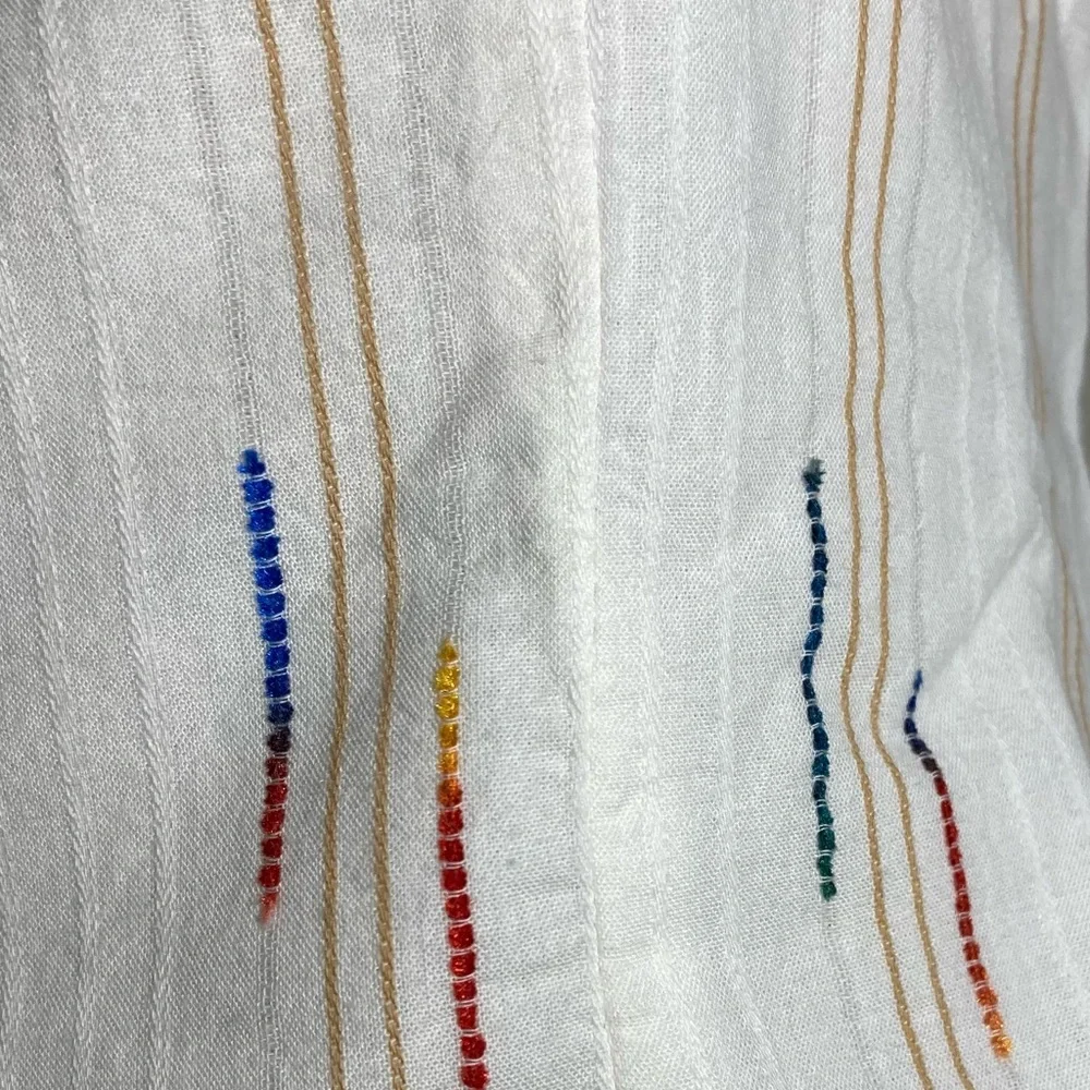 Free People Serotonin Corset Top White Puff Sleeve Top Colorful Rainbow Stitches
